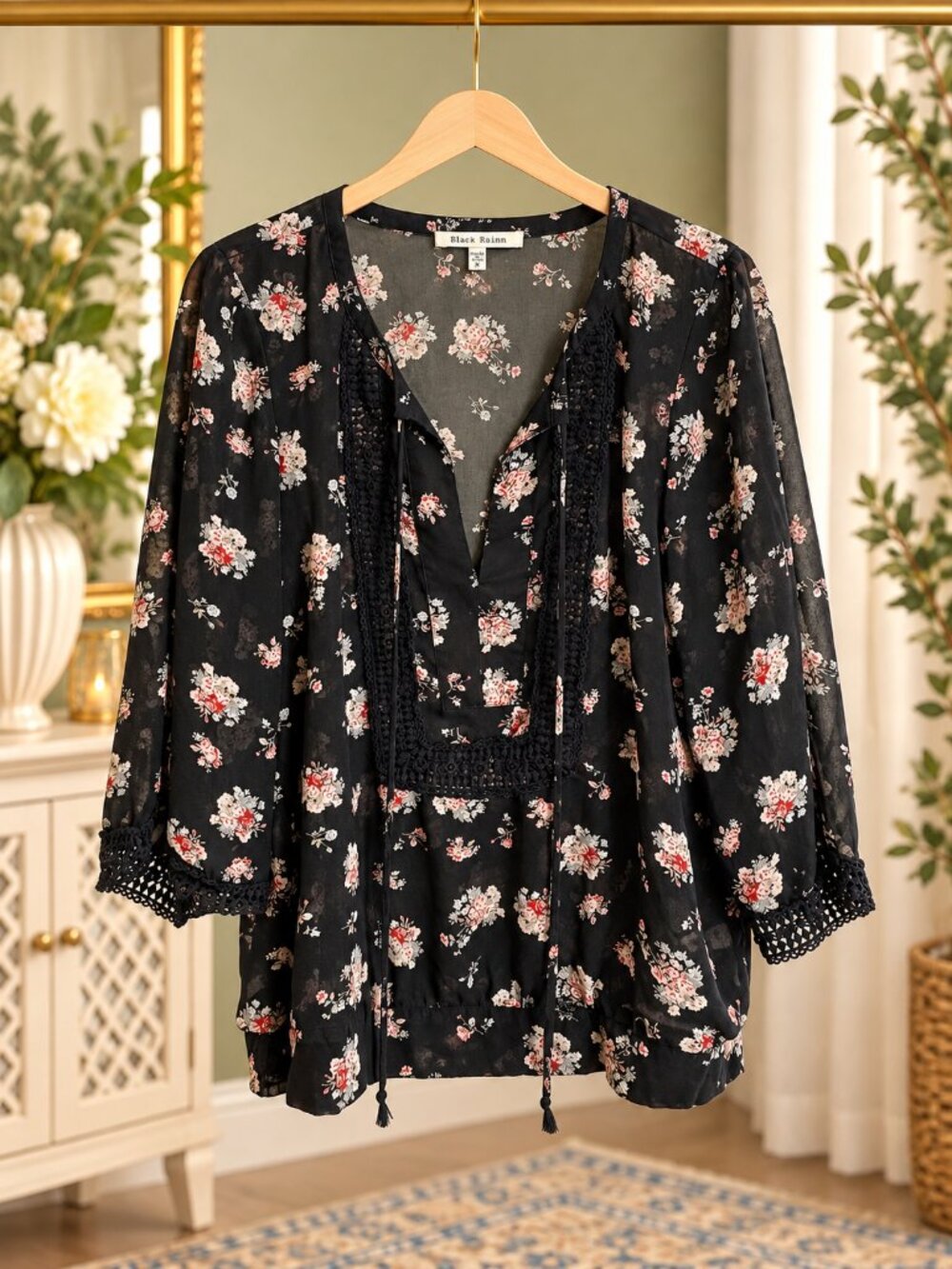 Black Rainn Floral Sheer Crochet Boho Blouse S Tie Neck Smocked Hem